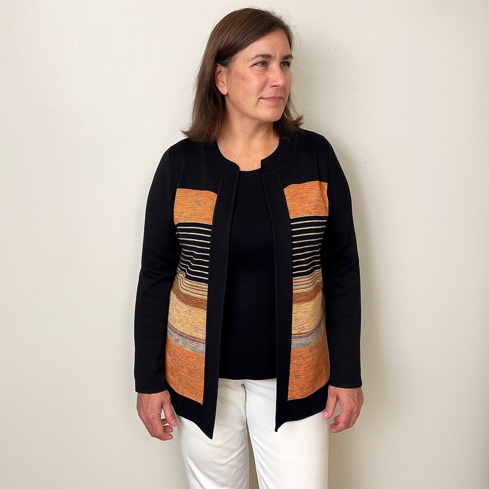 Exclusively Misook‎ XS Black Orange Stripe Knit Cardigan Long Sleeve Jacket